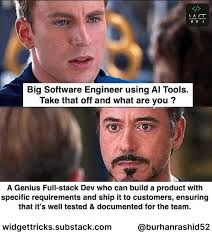 Meme about AI and experienced devs not needing it, just using it.